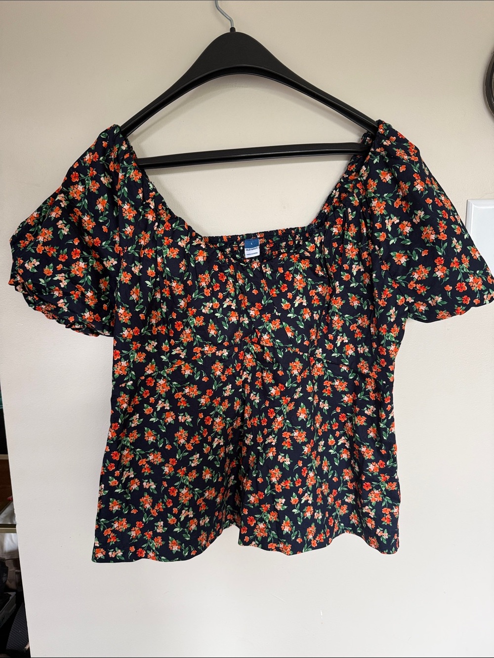 Old navy Floral Puff Sleeve Square Neck Top - Navy with Orange Floral